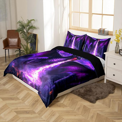 Feelyou Cool Dragon Bedding Set Full Size Kids Lightning Comforter Cover Set 3D Dragon War Mythology Themed Ancient Wildlife Fire Duvet Cover Nebula Bedspread Cover Room Decor Quilt Cover,No Comforter