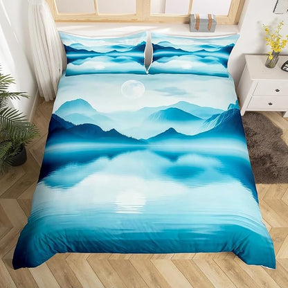 Feelyou Smoky Mountain Bedding Set Full Size Foggy Scenic Duvet Cover for Adult Kids Boys Girls Teal Blue Comforter Cover Set Natural Landscape Bedspread Cover 3Pcs Zipper