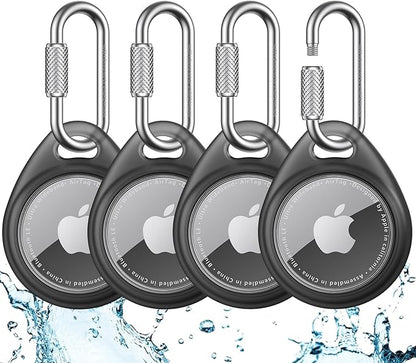 UNBREAKcable for AirTag Holder Case with Professional Carabiner, 4 Pack | Waterproof, Shockproof, Hold Securely, Easy to Install, Protective AirTag Keychain for Keys, Pets, Luggage-Trans Black