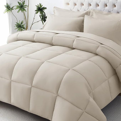 JOLLYVOGUE California King Comforter Set, Ultra-Soft Bed in a Bag Cal King Size 7 Pieces, Oeko-TEX Certified Bedding Set with Down Alternative Comforter, Sheets, Pillowcases & Shams, Oatmeal