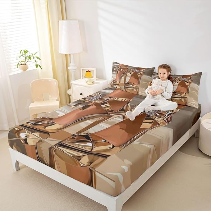 Erosebridal High-Heels Girlish Girls Bed Sheets Full Size Romantic Fashion Fitted Sheet Fashionable Gorgeous Bedding Set for Kids Children Women Bedroom Decor Modern Minimalist Gold Sheets