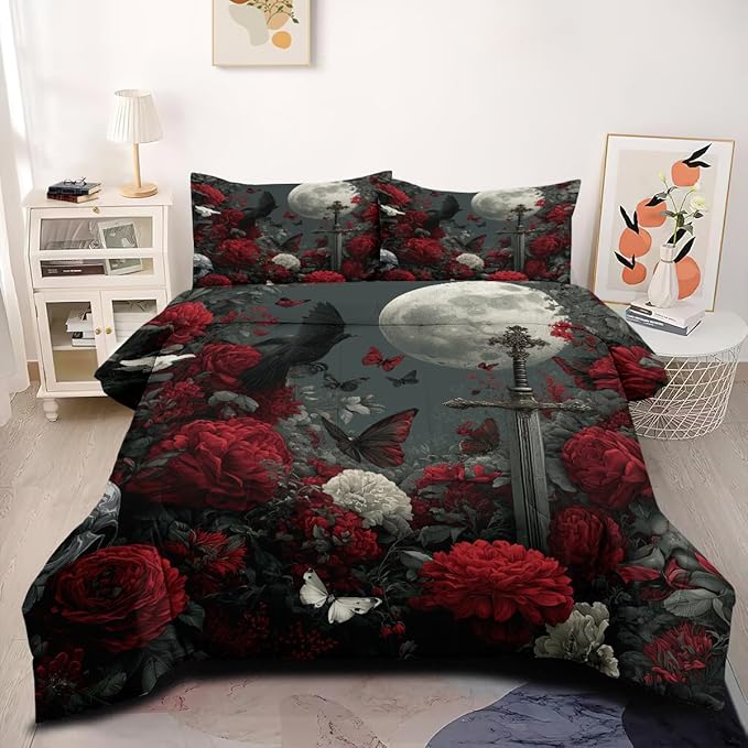Women Victorian Red Rose Comforter Set, Twin Size 5-Piece White Butterfly Comforter Sets for Girls Room Decor, 1 Comforter 68"x 90", 2 Pillowcases, 1 Fitted Sheet, 1 Flat Sheet