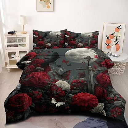 Women 7Pcs Red Flowers Comforter Set, King Size Moon, Sword, Butterfly Bedding Set, White Butterfly, 1 Comforter 104"x90", 2 Pillowcases, 1 Fitted Sheet, 1 Flat Sheet, 2 Pillow Shams