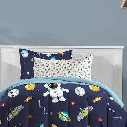 Dream Factory Kids 7-Piece Complete Bed Set Easy-Wash Super Soft Microfiber Comforter Bedding, Full, Blue Space Galaxy