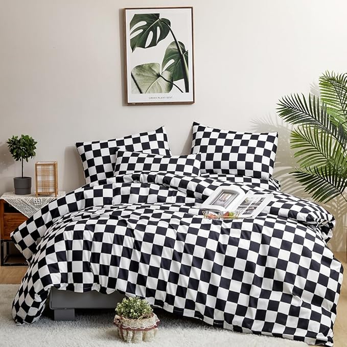 CLOTHKNOW Black White Plaid King Size Comforter Set Grid Bedding Comforter Sets Soft Checkered Comforter Black White Comforter with 2 x Pillow Cases