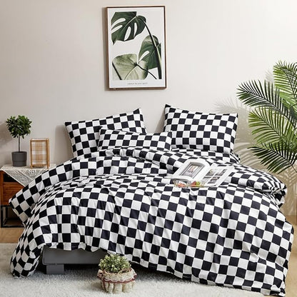 CLOTHKNOW Black White Plaid King Size Comforter Set Grid Bedding Comforter Sets Soft Checkered Comforter Black White Comforter with 2 x Pillow Cases