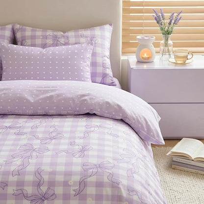 Light Purple Bowknot Comforter Set Twin Size for Girls, Gingham Bedding with Heart Pattern, 2 Pcs Checkered Plaid Quilted Comforter Set with 1 Pillowcase, 68"x86"
