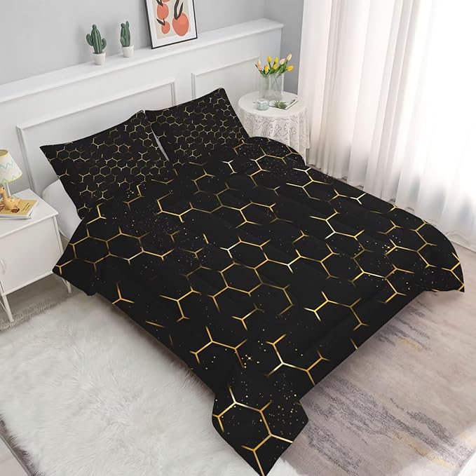 Black and Gold Comforter Set Full/Queen Size Geometric Honeycomb Bedding for Girls Boys Women Bedroom Decor Quilt Bed Sets, 1 Comforter 2 Pillowcases