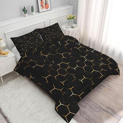 Black and Gold Comforter Set Full/Queen Size Geometric Honeycomb Bedding for Girls Boys Women Bedroom Decor Quilt Bed Sets, 1 Comforter 2 Pillowcases