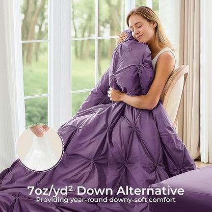 Sasttie Twin XL Comforter Set, 5-Piece Bed in a Bag, Pintuck Bedding Sets for All Season, Includes Comforter, Flat Sheet, Fitted Sheet, Pillowcase and Pillowsham, Grape Purple