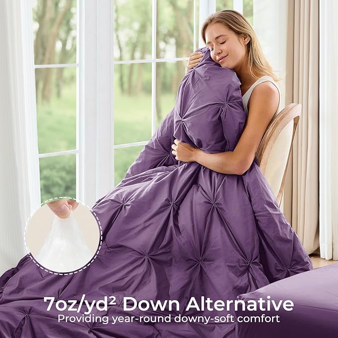 Sasttie Twin Comforter Set, 5-Piece Bed in a Bag, Pintuck Bedding Sets for All Season, Includes Comforter, Flat Sheet, Fitted Sheet, Pillowcase and Pillowsham, Grape Purple