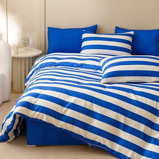 Houseri Blue Striped Comforter Set Full 3 Piece White and Blue Bedding Full Size Lightweight Modern Stripes Bed Set Soft Comfy Quilt Blanket Full