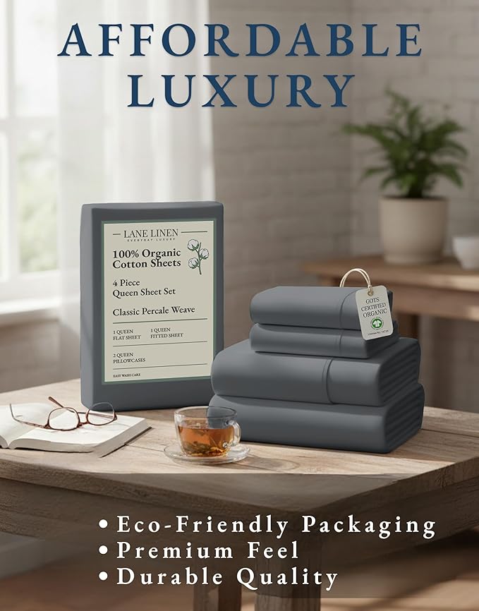 LANE LINEN Sustainably Produced 100% Organic Cotton Queen Size Bed Sheets, Soft & Comfy Naturally Cooling Percale Cotton Sheets, Low Pill Fade Resistant 15" Deep Pocket Queen Sheets– Charcoal