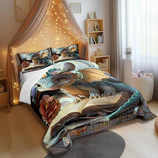 Cartoon Dragon Comforter Set King Size Fantasy Western Animal Bedding Set Toddler Bedroom Decor Wild Daisy Flower All Season Quilt Set Cute Dragons Bedding Comforter Sets,3Pcs