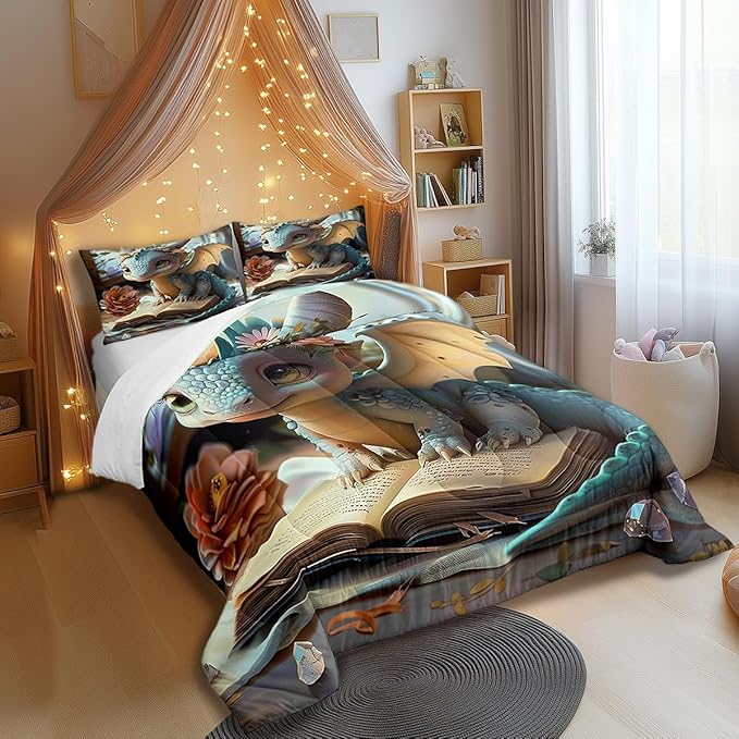 Castle Fairy Cartoon Dragon Comforter Set Twin Size Fantasy Western Animal Bedding Set Toddler Bedroom Decor Wild Daisy Flower All Season Quilt Set Cute Dragons Bedding Comforter Sets,2Pcs
