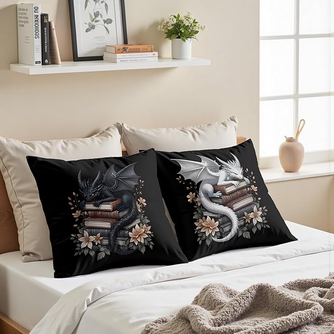 Vintage Magical Black White Dragon Reading Book Decor Throw Pillow Covers 18x18 Set of 2, Fantasy Room Decor for Kids, Gamers, and Bookworms,Reading Nook Decor, Gifts for Bookworm Readers(78)
