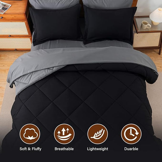 Cosybay Bed in a Bag Full Reversible Comforter Sets 7pcs All Season Down Alternative Bedding Sets Black and Grey with Comforter, Pillow Shams, Flat Sheet, Fitted Sheet and Pillowcase