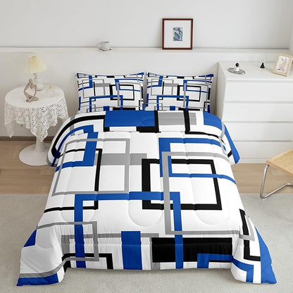 Erosebridal Grid Comforter Set,White Black Grey Blue Square Bedding Set,Geometric Stripes Bold Lines Quilted Duvet Twin Warm for Kids Teens Adult,Modern Creative Art Down Comforter with 1 Pillowcase