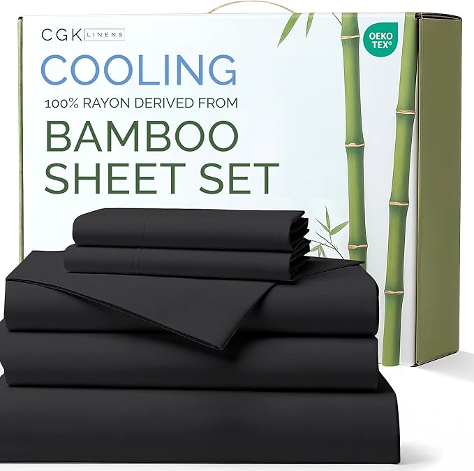 Sheets Split King Size - Cooling Sheets for Split King - 100% Rayon Derived from Bamboo - Ultra Soft, Breathable Hotel Luxury - 1 Flat & 1 Fitted & 2 Pillowcases w/ 16 Inch Deep Pockets - Black