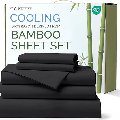 Sheets Split King Size - Cooling Sheets for Split King - 100% Rayon Derived from Bamboo - Ultra Soft, Breathable Hotel Luxury - 1 Flat & 1 Fitted & 2 Pillowcases w/ 16 Inch Deep Pockets - Black