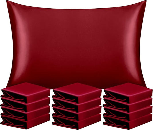 NTBAY 12 Pack Satin Standard Pillowcases for Hair and Skin, Luxurious and Silky Pillow Cases with Envelope Closure, 20 x 26 Inches, Wine Red