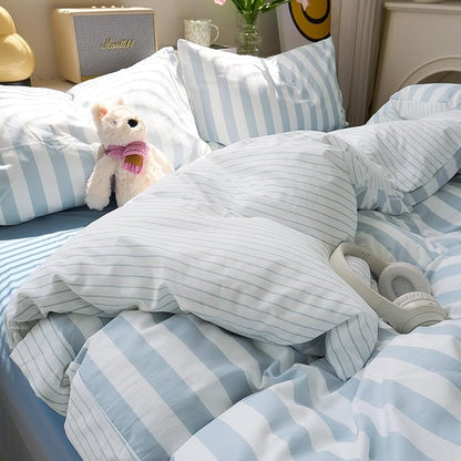 EAVD Retro Blue and White Striped Duvet Cover Set Queen Soft Washed Microfiber Reversible Vertical Striped Percale Bedding Set with 2 Pillowcases Farmhouse Geometric Duvet Cover with Zipper Closure