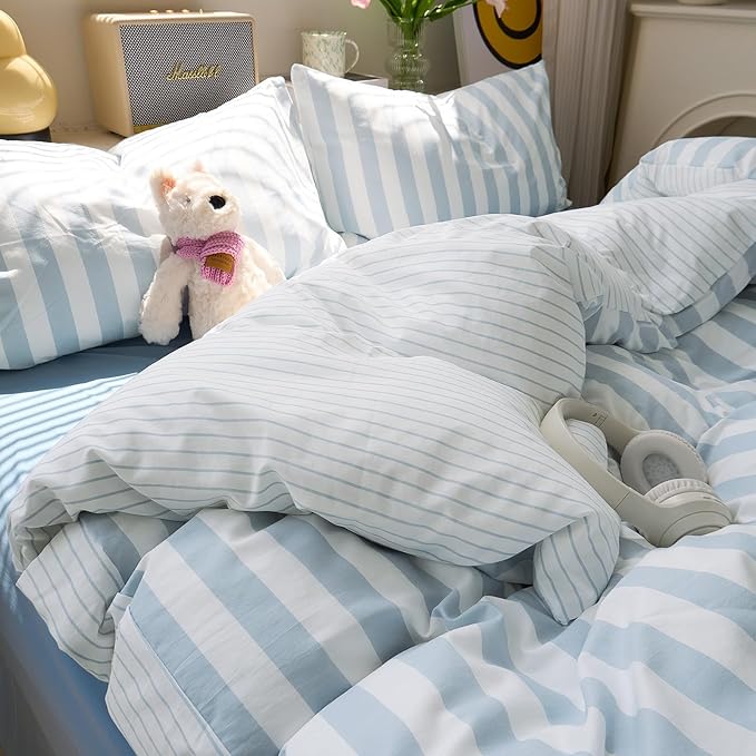 EAVD Retro Blue Striped Duvet Cover King Soft Washed Microfiber Reversible Vertical Striped Percale Bedding Set with 2 Pillowcases Farmhouse Geometric Duvet Cover with Zipper Closure