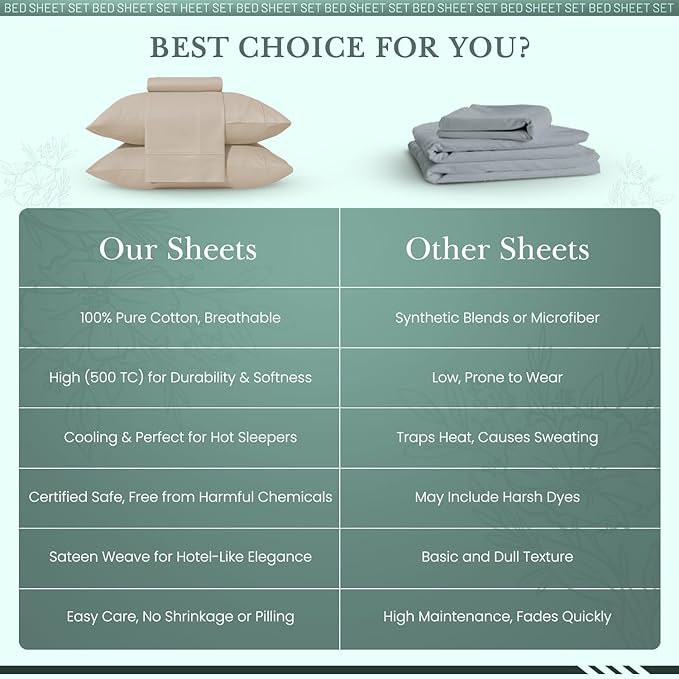 Feather & Stitch 500 TC Queen Size 4pc Damask Bed Sheet Set, 100% Soft Cotton Breathable Bedsheets, 18" Deep Pockets Sateen Weave Striped Bedding Mattress Resort Hotel Luxury Decor - (Champagne Beige)