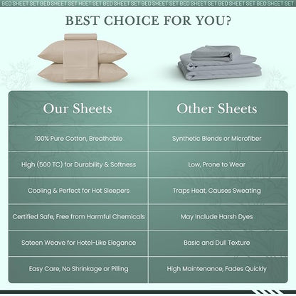 Feather & Stitch 500 TC Queen Size 4pc Damask Bed Sheet Set, 100% Soft Cotton Breathable Bedsheets, 18" Deep Pockets Sateen Weave Striped Bedding Mattress Resort Hotel Luxury Decor - (Champagne Beige)