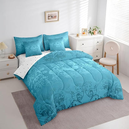 Erosebridal Gothic Damask Bed in a Bag King Size Comforter Set 7 Pieces,Halloween Bat Bedding Sets Teal Victorian Floral Goth Sheet Set with Comforter