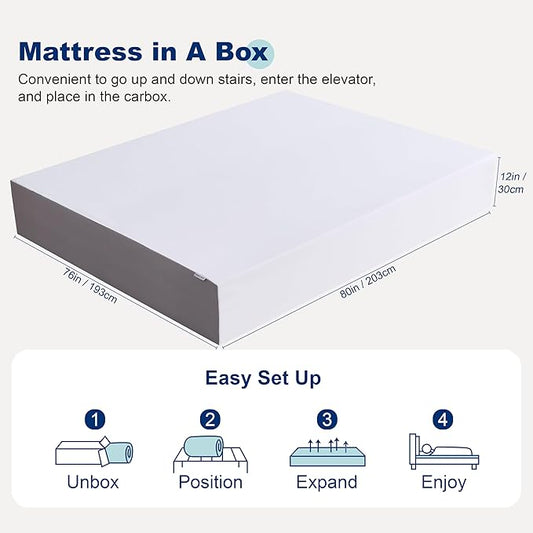 Amazon Basics Breathable Memory Foam Mattress, Medium Firm, 12 Inch, King, White/Grey, 80" L x 76" W
