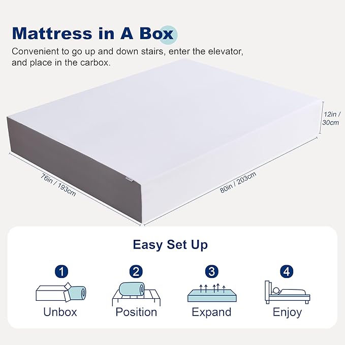 Amazon Basics Memory Foam Mattress, Soft Plush Feel, Breathable, 12 Inch, King, White/Grey