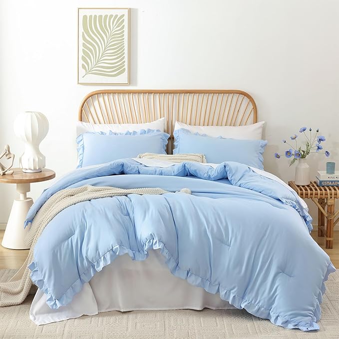 JANZAA Ruffle Light Blue Comforter Set Queen Size Comforter 3PCS 1 Emerald Comforter and 2 Pillowcases Vintage Farmhouse Shabby Chic Bedding Soft Fluffy Comforter Set All Season (Light Blue, Queen)