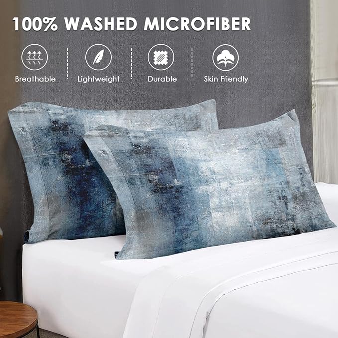 5 Pcs Twin Size Comforter Set with Pillowcase & Sham, Navy Indigo Blue Bedding for Kids and Adults, Contemporary Abstract Gray Bedding Set with Flat Fitted Sheet