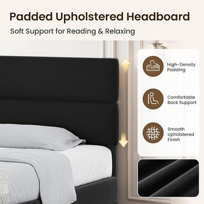 GRUSIGN Full Size Platform Bed Frame with Velvet Headboard, Adjustable Height Wooden Slats Support, Upholstered Mattress Foundation, Fits Mattress or Mattress with Box Spring, Easy Assembly, Black