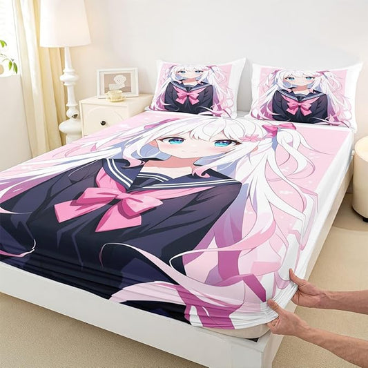 Kawaii Japanese Anime Bedding Set Twin - 3D Style Bed Sheets, Sailor Suit Uniform Girl Design, 2 Pieces