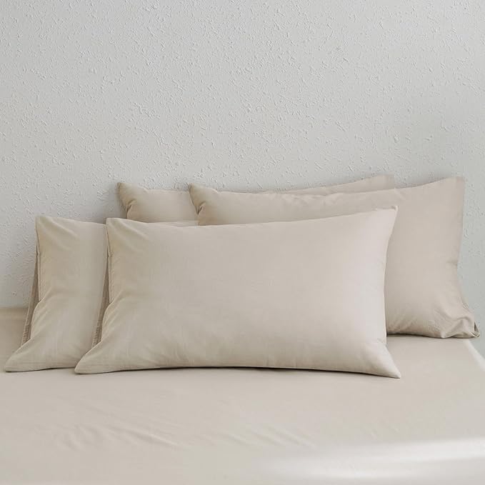 MooMee Bedding Pillowcases Pack of 4 100% Washed Cotton Linen Like Textured Breathable Durable Soft Comfy (Heathered Cream Grey, Standard)