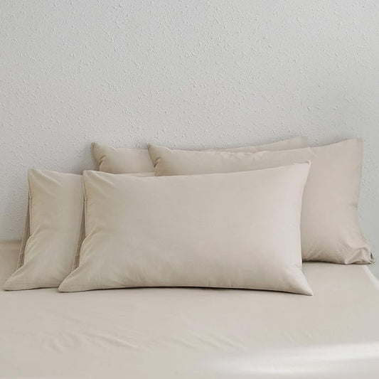 MooMee Bedding Pillowcases Pack of 4 100% Washed Cotton Linen Like Textured Breathable Durable Soft Comfy (Heathered Cream Grey, Standard)