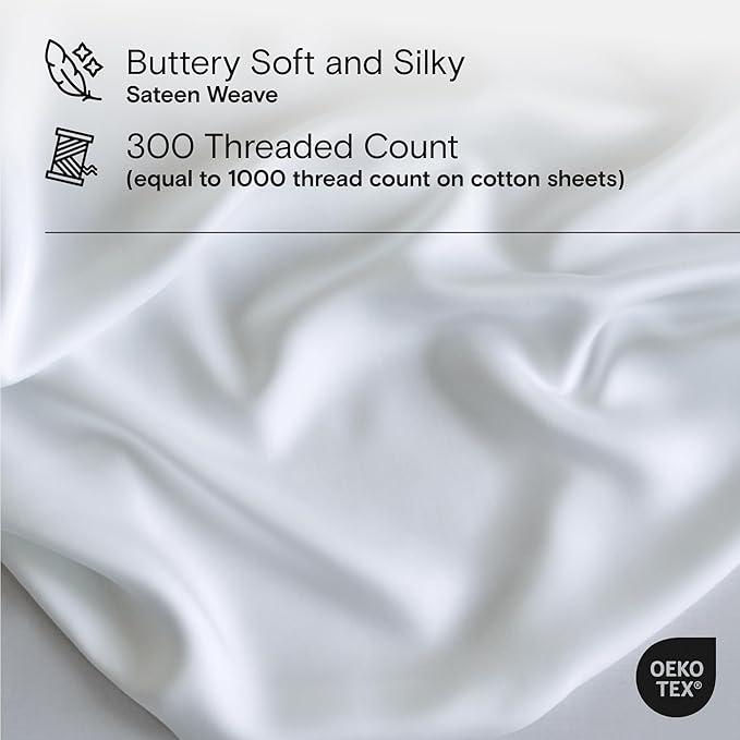 DOZ Sheet Set, 100% Viscose derived from Bamboo, Organically Grown, Buttery Soft, Cooling Sheets, High GSM, Deep Pockets - 4 Piece - 2 Pillowcases 1 Fitted 1 Top Sheet (Snow, Queen)