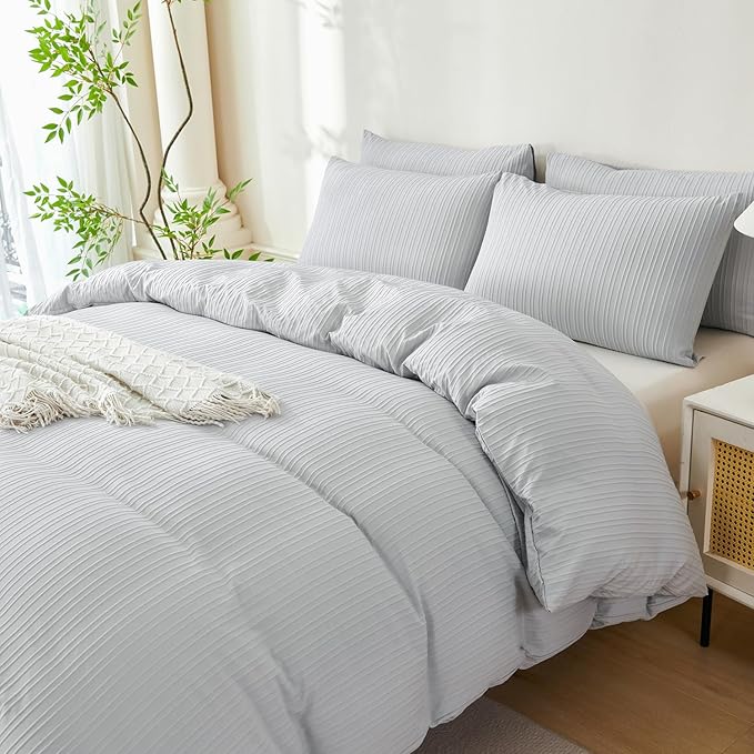 Light Grey Comforter Set King Soft Luxury Washed Microfiber Jacquard 3 Pieces Bedding Set, Grey Vertical Ticking Stripes Pattern Comforter with 2 Pillowcases Breathable Durable Comfy