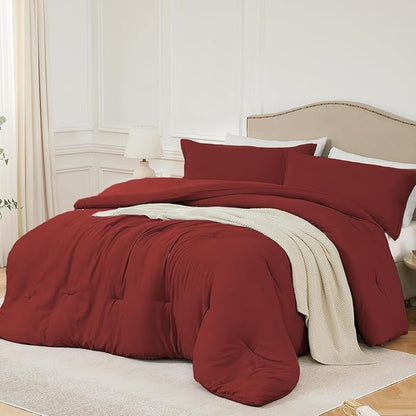 King Comforter Set Dark Red,3PCS Soft Lightweight Breathable Bedding Comforter for All Season, King Size(104''×90'' Comforter & 2 Pillowcases)