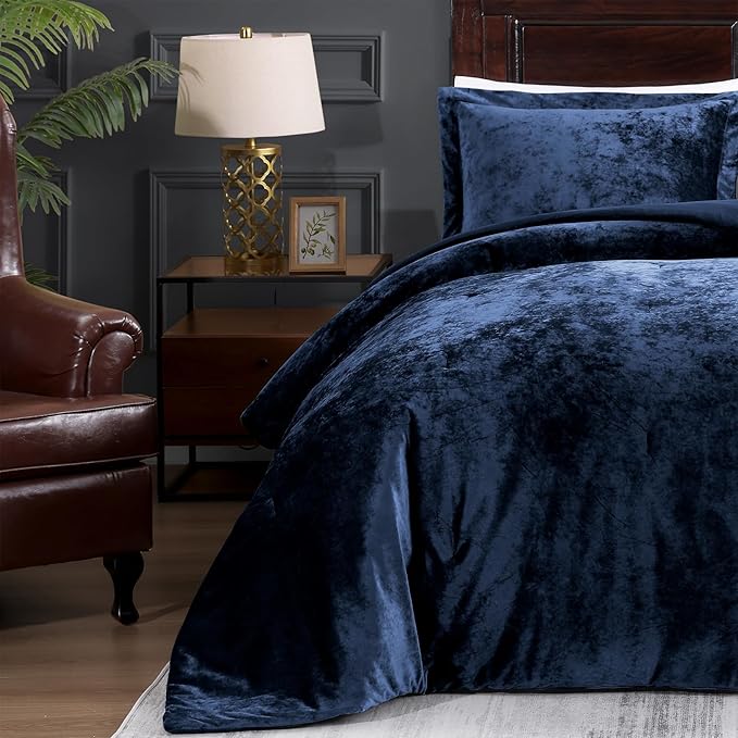 TAMGHO Navy Blue Velvet Comforter 3pc Queen Set, Crushed Velvet Bedding for All Seasons, Dark Blue Bed Set: 1 Comforter (92"x96") and 2 Pillow Shams (20"x26"+2")