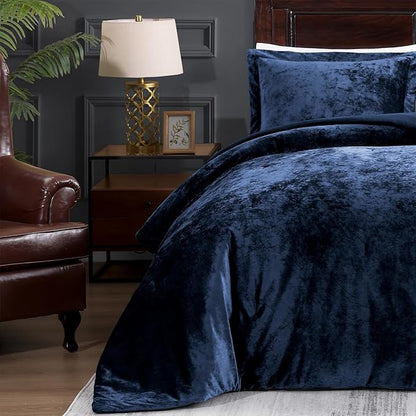 TAMGHO Navy Blue Velvet Comforter 3pc Queen Set, Crushed Velvet Bedding for All Seasons, Dark Blue Bed Set: 1 Comforter (92"x96") and 2 Pillow Shams (20"x26"+2")