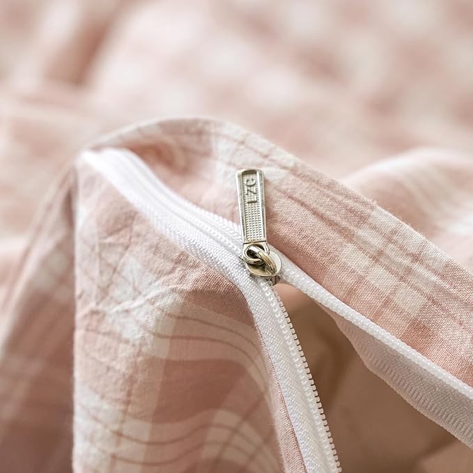 Pink Gingham King Duvet Cover Set Washed Cotton Boho King Comforter Cover Checkered Plaid Lightweight Cute Duvet Cover Set with Hidden Zipper Cozy Teen Bedding Set for Girls Duvet Protector