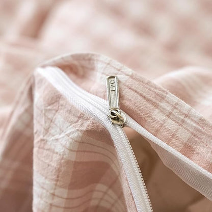 Pink Gingham King Duvet Cover Set Washed Cotton Boho King Comforter Cover Checkered Plaid Lightweight Cute Duvet Cover Set with Hidden Zipper Cozy Teen Bedding Set for Girls Duvet Protector