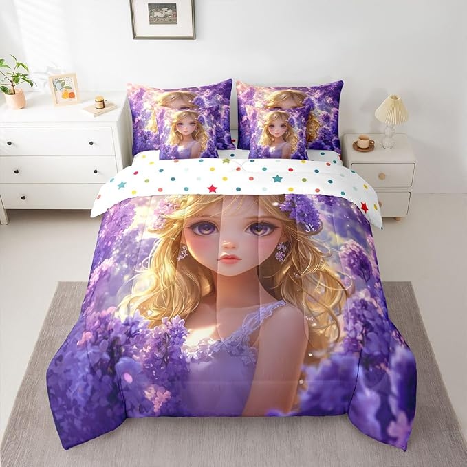 Erosebridal Japanese Anime Bed in A Bag for Kids Girls,Kawaii Lavender Girl Bedding Set Romantic Dreamy Cartoon Girl Twin Comforter Set 7 Piece Purple Aesthetic Cherry Blossom Butterfly Bed Set