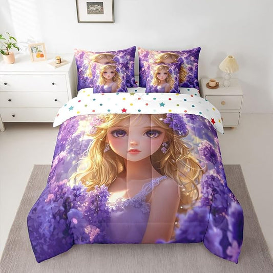 Erosebridal Japanese Anime Bed in A Bag for Kids Girls,Kawaii Lavender Girl Bedding Set Romantic Dreamy Cartoon Girl Twin Comforter Set 7 Piece Purple Aesthetic Cherry Blossom Butterfly Bed Set