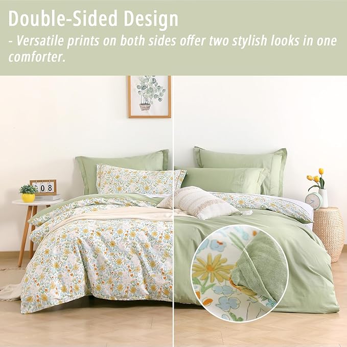 Floral Cotton Comforter Queen Size 3Pcs - Yellow and Blue Tiny Flowers & Little Lambs on White, Sage Green Back, Reversible Lightweight Bedding Sets with Soft Fill(Queen, 90"×90")