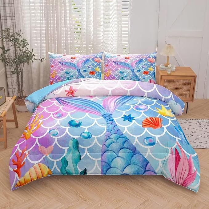 NINENINE Mermaid Comforter Sets,Twin Bedding Sets for Girls,Kids Comforter Sets for Girls, Twin Bedding with 1 Comforter 1Pillowcase