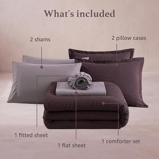 Geniospin King Comforter Set - 7 Pieces Purple Bedding Set, Botanical Textured Comforter Set, All Season Comfortable Bed in a Bag with Comforter, Sheets, Pillowcases & Shams